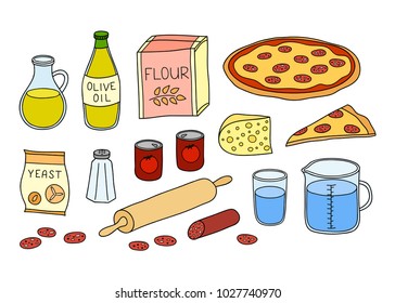 Set of hand drawn colored ingredients for pepperoni pizza isolated on white background.