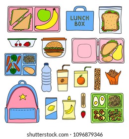 Set of hand drawn colored packed lunch boxes isolated on white background.