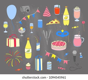 Set of hand drawn colored party items isolated on chalkboard background.