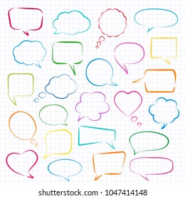 Set of hand drawn colored speech bubbles and thought clouds. Can by used to indicate communication, dialog, for infographics. Vector illustration