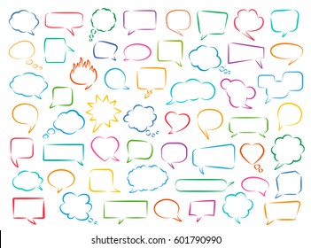 Set von handgezeichneten Sprach-Blasen und Gedankenwolken. Kann verwendet werden, um Kommunikation, Dialog, für Infografiken anzuzeigen. Vektorgrafik