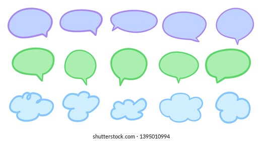 Set of hand drawn colored think and talk speech bubbles on white. Abstract clouds on isolation background. Sketchy doodles