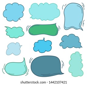 Set of hand drawn colored think and talk speech bubbles on white. Abstract clouds on isolation background. Sketchy doodles