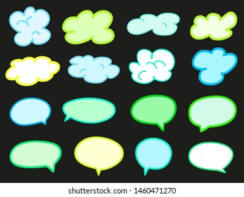 Set of hand drawn colored think and talk speech bubbles on black. Abstract clouds on isolation background. Sketchy doodles