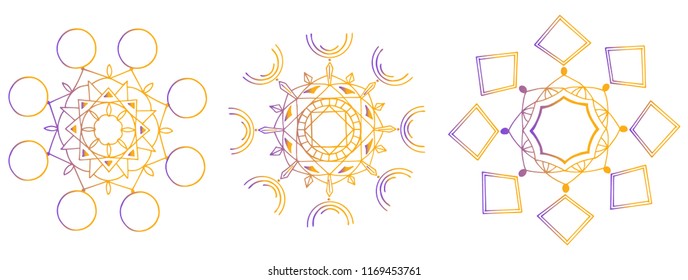 Set of hand drawn colored - yellow and violet - geometric mandalas, sacral geometry, round mandalas, vector illustration
