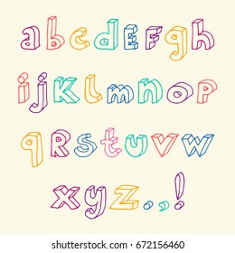 Set of hand drawn colorful 3d letters and punctuation marks. Vector illustration isolated over beige.