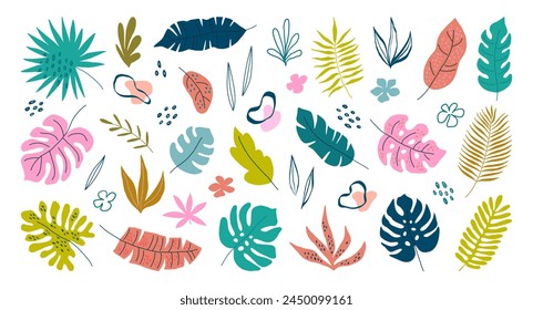 Set of hand drawn colorful abstract tropical leaves. Silhouettes branches, leaves, flowers in minimalist style. Summer cute design elements. Perfect for prints, T-shirt print, poster, nursery decor.