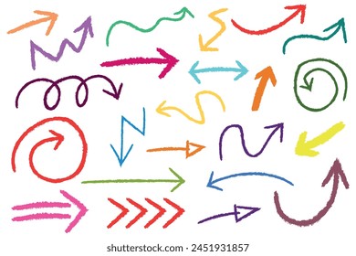 Set of hand drawn colorful arrows, brush stroke curly arrow vector