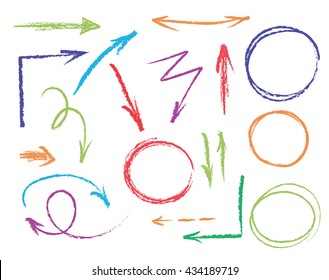 set of hand drawn colorful arrows and circles. vector colored pencils design elements