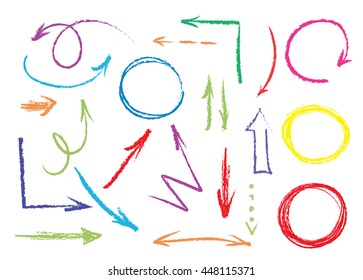 set of hand drawn colorful arrows and circles. vector colored pencils design elements