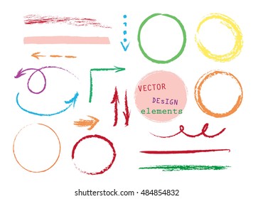 set of hand drawn colorful arrows, lines and circles. vector colored pencils design elements