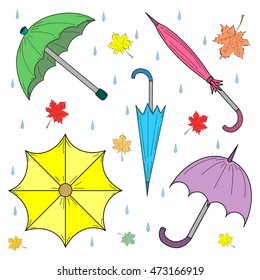  Set of Hand Drawn Colorful Autumn Umbrellas, Leaves and Drops.  Perfect for Print. Vector illustration.