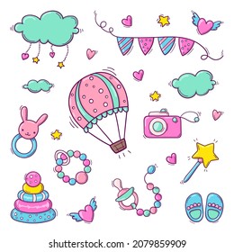 Set of hand drawn colorful baby toys in doodle style isolated on white background