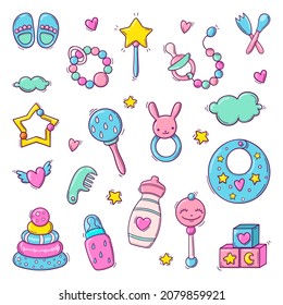 Set of hand drawn colorful baby toys in doodle style isolated on white background