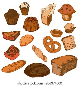 Set of hand drawn colorful bakery. Bread, bun, pie, cupcake, pretzel, macaroon, pudding, cheesecake, muffin. Isolated on white. Vector illustration