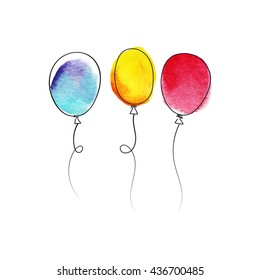 set of hand drawn colorful balloons with watercolor texture isolated on white background