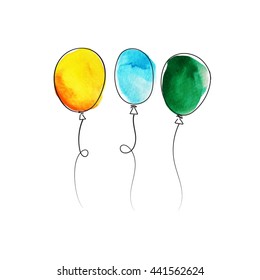 set of hand drawn colorful balloons with watercolor texture isolated on white background