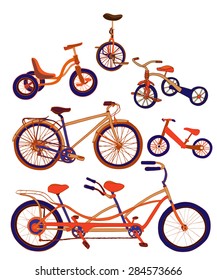 Set With Hand Drawn Colorful Bikes, Tandem Bike, Mono Bike, Run-bike, Tricycle On White Background. Vector Illustration