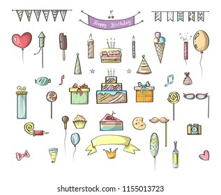 Set of hand drawn colorful birthday icons. Cute doodle collection with party hat, confetti and balloons. Isolated vector illustration