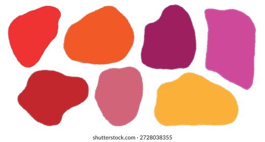 Conjunto de Formas de manchas de colores dibujados a mano con textura granulada y bordes suaves sobre fondo blanco, adecuado para el diseño de niños, carteles, diseños creativos e ilustraciones de estilo hechas a mano.