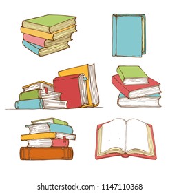 Set of hand drawn colorful books on white background. Sketch open book. Vector illustration for your web design