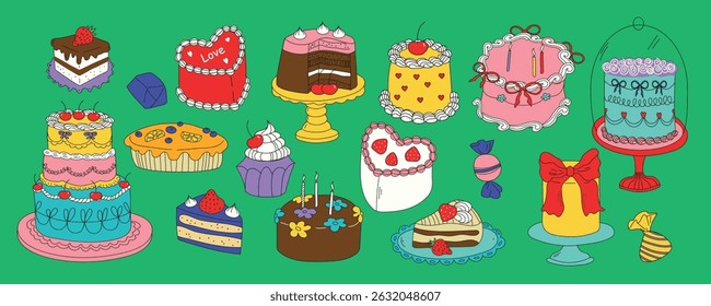 Set of hand drawn colorful cakes, cupcakes, pies and desserts. Whimsical doodle pastry in coquette style. Sweet pastry food for wedding invitations, birthday cards, party decor, bakery menu . Vector 