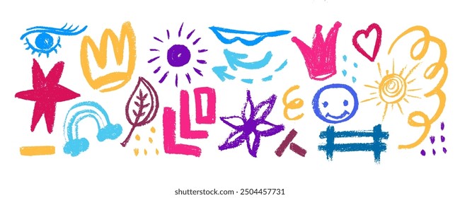 Set of hand drawn colorful charcoal doodle shapes and squiggles in punk style. Crown, star,  eye, emoji, arrow, heart and grid doodle collage elements.