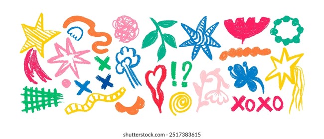 Set  of hand drawn colorful charcoal doodle shapes and squiggles in childish girly style. Pencil drawings isolated on white. Eyes, stars, geometric shapes, flower and cloud doodle collage elements.