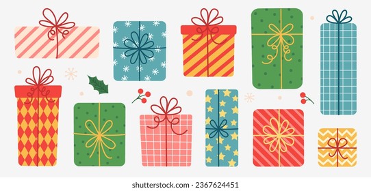 Set of hand drawn colorful Christmas gift boxes, holiday presents. Vector illustration.