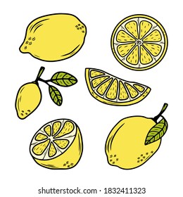 Set of hand drawn colorful citrus fruit lemons isolated on a white background. Doodle, simple outline illustration. It can be used for decoration of textile, paper and other surfaces.