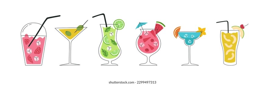 Set of hand drawn colorful cocktails. Summer holiday and beach party concept.  Popular drinks in different types of glasses. Vector illustration of summer cocktails.