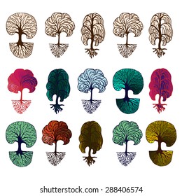 Set of hand drawn colorful decorative and outlined trees isolated on white. Vector illustration