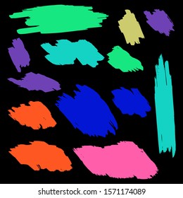 Set Of Hand Drawn Colorful Dirty Brushes. Turquoise Hard Grunge. Watercolor Grunge Strokes. Blue Brush Paint. Watercolor Splash. Purple Distress frame. Brush Painting.