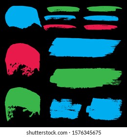 Set Of Hand Drawn Colorful Dirty Brushes. Blue Dirty Art Graffiti. Gouache Acrylic Paint. White Splash Banner. Watercolor Painting. Orange Distress Logo. Brush Paint.