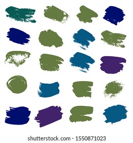 Set Of Hand Drawn Colorful Distress Brushes. Turquoise Dirty Art Paint. Gouache Grunge Style. Green Batik Brush. Watercolor Splash. White Distress Logo. Brush Painting.