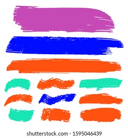Set Of Hand Drawn Colorful Distress Brushes. Blue Dirty Background. Watercolour Grunge Strokes. Red Brush Graffiti. Watercolor Vintage. Orange Distress frame. Brushed Banner.