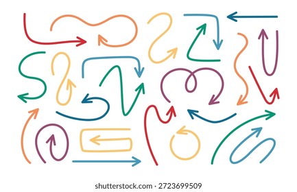 Conjunto de flechas de garabato de colores dibujados a mano. Ilustración vectorial incompleta