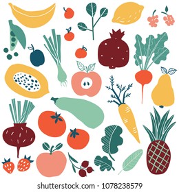 Set with hand drawn colorful doodle fruits and vegetables. Sketch style big vector collection. Flat icons set: berries, carrot, onion, tomato, apple, pineapple, beet, pear, peas, strawberry, lemon. 