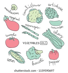 Set with hand drawn colorful doodle vegetables. Vegetables flat icons set: mushroom, cauliflower, artichoke, cucumber, asparagus, broccoli, pepper, corn, tomato, eggplant, celery