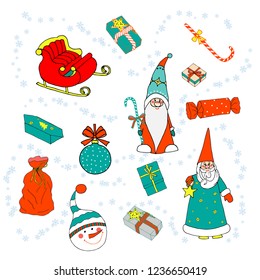 Set with hand drawn colorful doodle winter elements. Santa Claus, gift boxes, sledge, ball, sweets, snowman, snowflakes. Illustration for New Year and Christmas day decor. Color vector items.