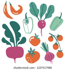 Set with hand drawn colorful doodle vegetables. Sketch style vector collection. Flat icons set: pepper, radish, beet, tomato. Vegetarian healthy food. Vegan, farm, organic, natural