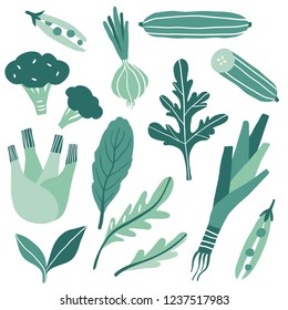 Set with hand drawn colorful doodle green vegetables and herbs. Sketch style vector collection. Flat icons set: onion, arugula, peas, cucumber, leek, broccoli, . Vegetarian healthy food. Vegan, farm