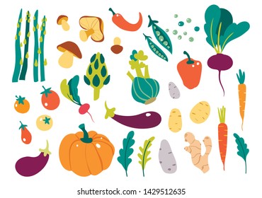 Set with hand drawn colorful doodle vegetables. Sketch style vector collection. Vegetables flat icons set: cucumber, carrot, onion, tomato. 