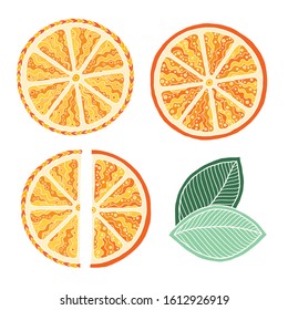 Set with hand drawn colorful doodle oranges. Sketch style vector collection. Vegan, farm, natural food illustration