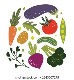 Set of hand drawn colorful doodle vegetables and greens. Sketch style vector collection. Tomatoes, cucumber, pea, broccoli. Vegetarian healthy food. Vegan, farm, organic, natural