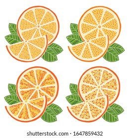 Set with hand drawn colorful doodle oranges. Sketch style vector collection. Vegan, farm, natural food illustration