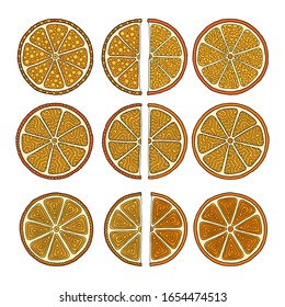 Set with hand drawn colorful doodle oranges. Sketch style vector collection. Vegan, farm, natural food illustration