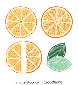 Set with hand drawn colorful doodle oranges. Sketch style vector collection. Vegan, farm, natural food illustration