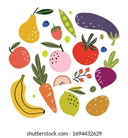 Set with hand drawn colorful doodle fruits and vegetables. Vector collection. Flat design. Apple, peach, lemon, banana, tomato, radish, pea, carrot, pear, potatoes. Organic, vegan food illustration