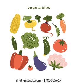 Set with hand drawn colorful doodle vegetables. Sketch style big vector collection. Flat icons set - carrot, tomato, root vegetables, cauliflower, paprika, eggplant and corn. Flat vector illustration.